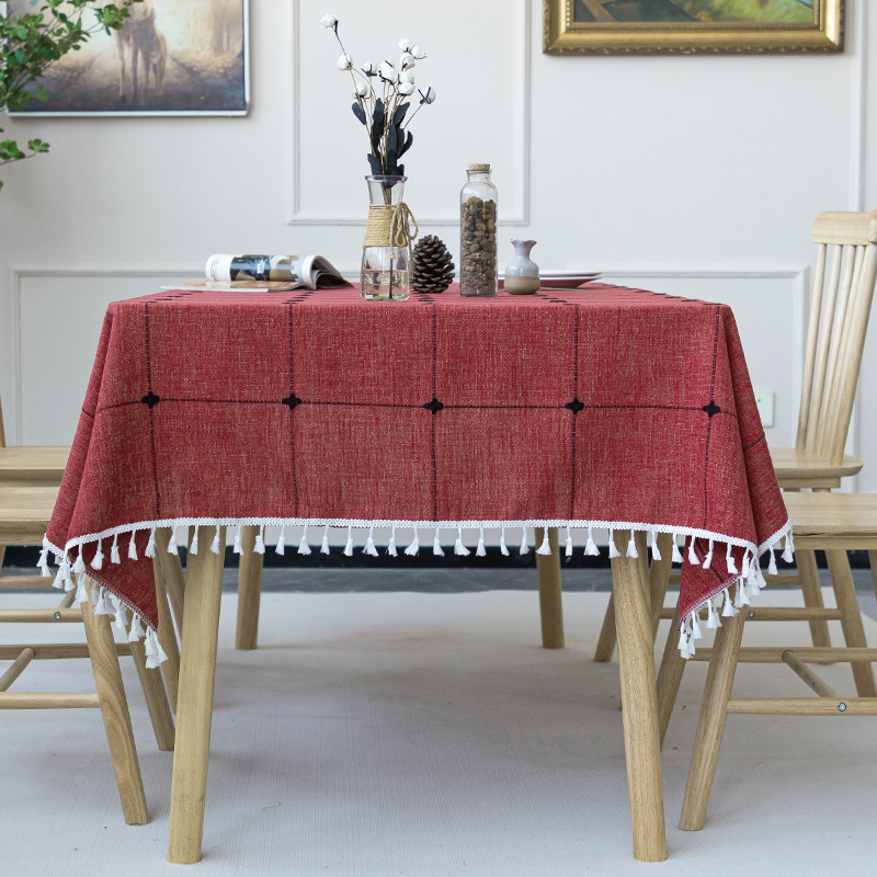 T0490 modern simple cotton and linen solid color checkered dustproof tablecloth rectangular tassel coffee table dining table hotel tablecloth table ma