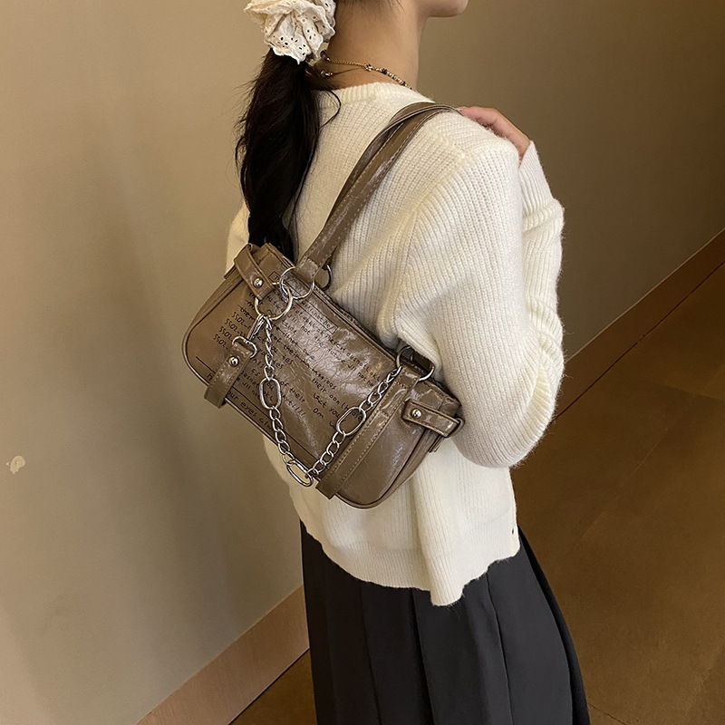 Women's Chinese-Style PU Crossbody Bag, Medium Half Moon Underarm Shoulder Handbag with Chain Embellishment, Brown Flap Pocket, Cell Phone Pocket, Zip - view 3