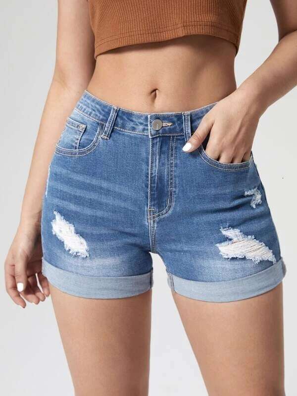 Shorts Women Denim Shorts Trendy Ripped Cuffed Elasticity High Waist Denim Shorts Women Hot Pants Jean Shorts