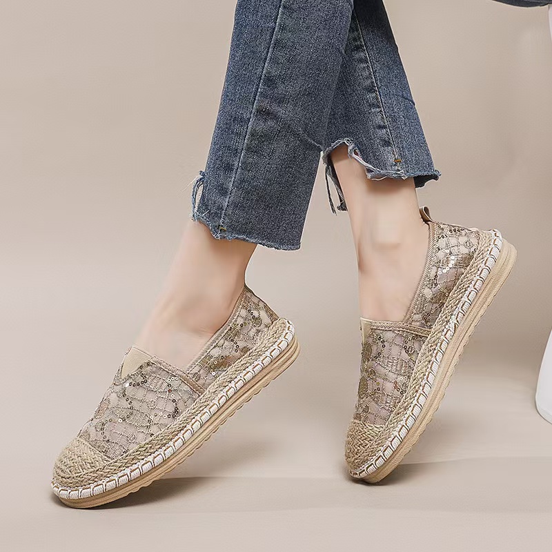 Flax Oriental retro breathable Loafers Faux pearls detail espadrille flats Simple mesh canvas women shoes 7c52 1ab6