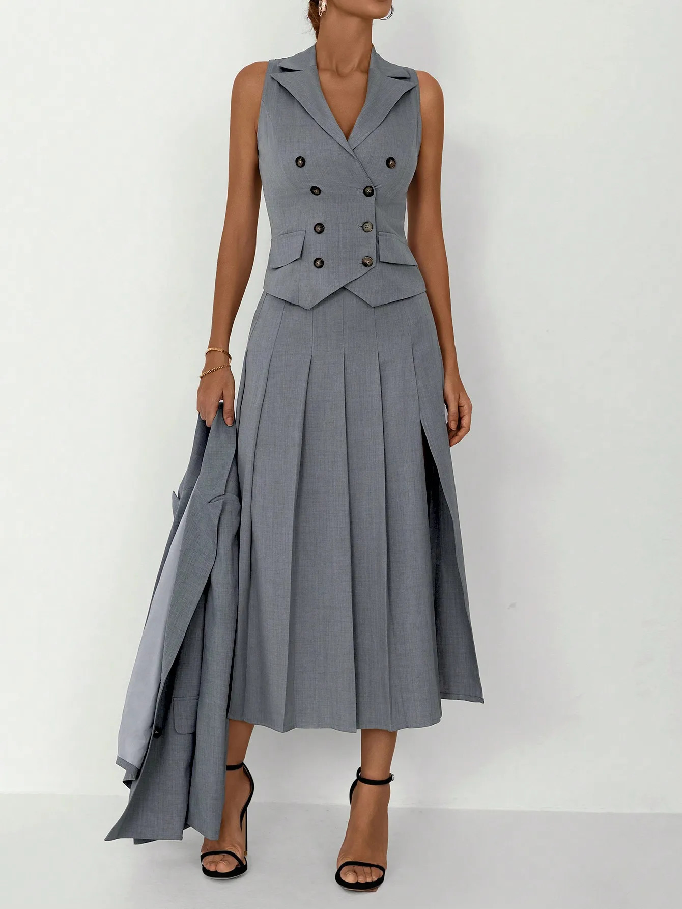 3pcs Women Elegant Work Casual Business Suit Set Fitted Vest for SpringSummer Pleated Midi Skirt Suitable Office Lady 250530