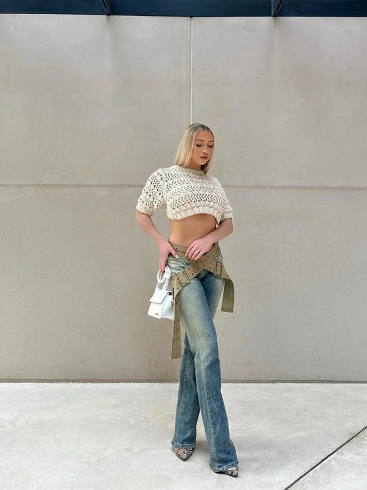 Vintage Women Distressed Flared Denim Pants Belts Straight Slim Jeans for Lady Fashion High Street Washed Dragging Chic 250530