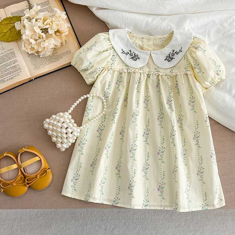 New Girls Clothes 1-6Yrs Baby Girls Dresses Floral Purple Puff Sleeve Dress Summer Dresses Embroidered Collar Boutique Clothes R250530