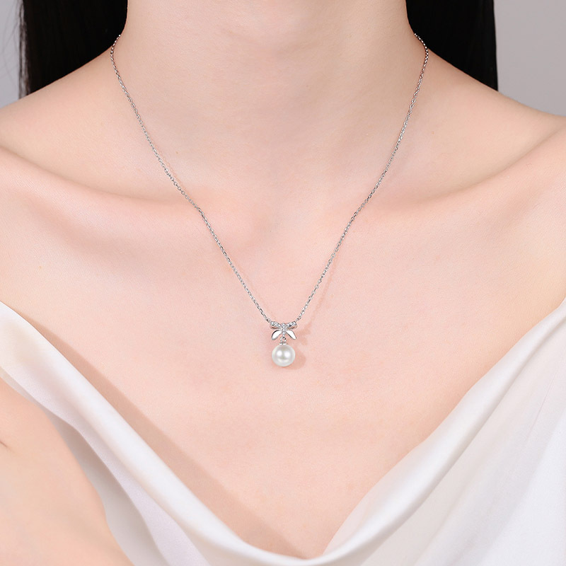 S925 Sterling Silver Moissanite Pearl Bow Pendant Clavicle Necklace Sweet Cute Girlish Minimalist Fashionable High-End Jewelry