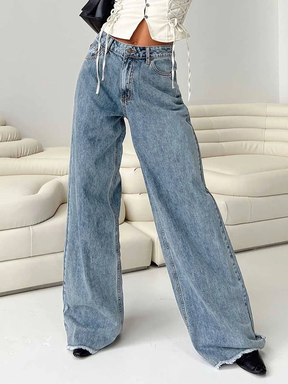 Loose Baggy Jeans Fashion Women Solid Elastic Waist Pocket Y2K Retro Denim Pants Elegant Office Lady Commute Trousers 250530