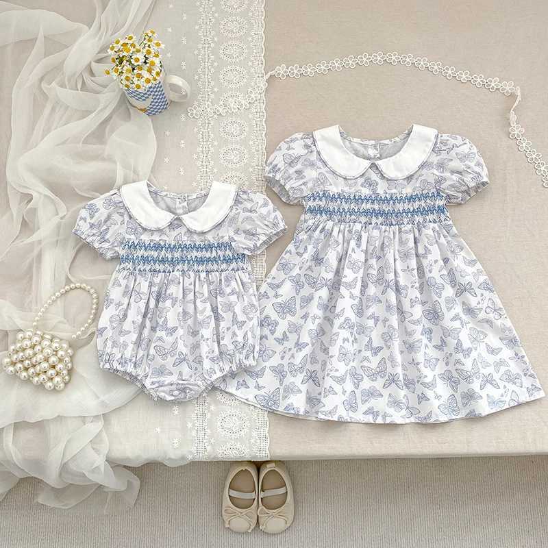 Sisters Dress Girls Sweet Dress Summer Childrens Blue Bow Casual Dress Baby Clothes Sweet Elegant Temperament Princess Dress R250530