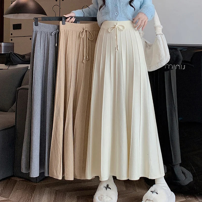 Rimocy Vintage Knitted Long Skirts for Women Winter High Waist Sweater Pleated Skirt Woman Solid Color All Match A Line Skirts 250527