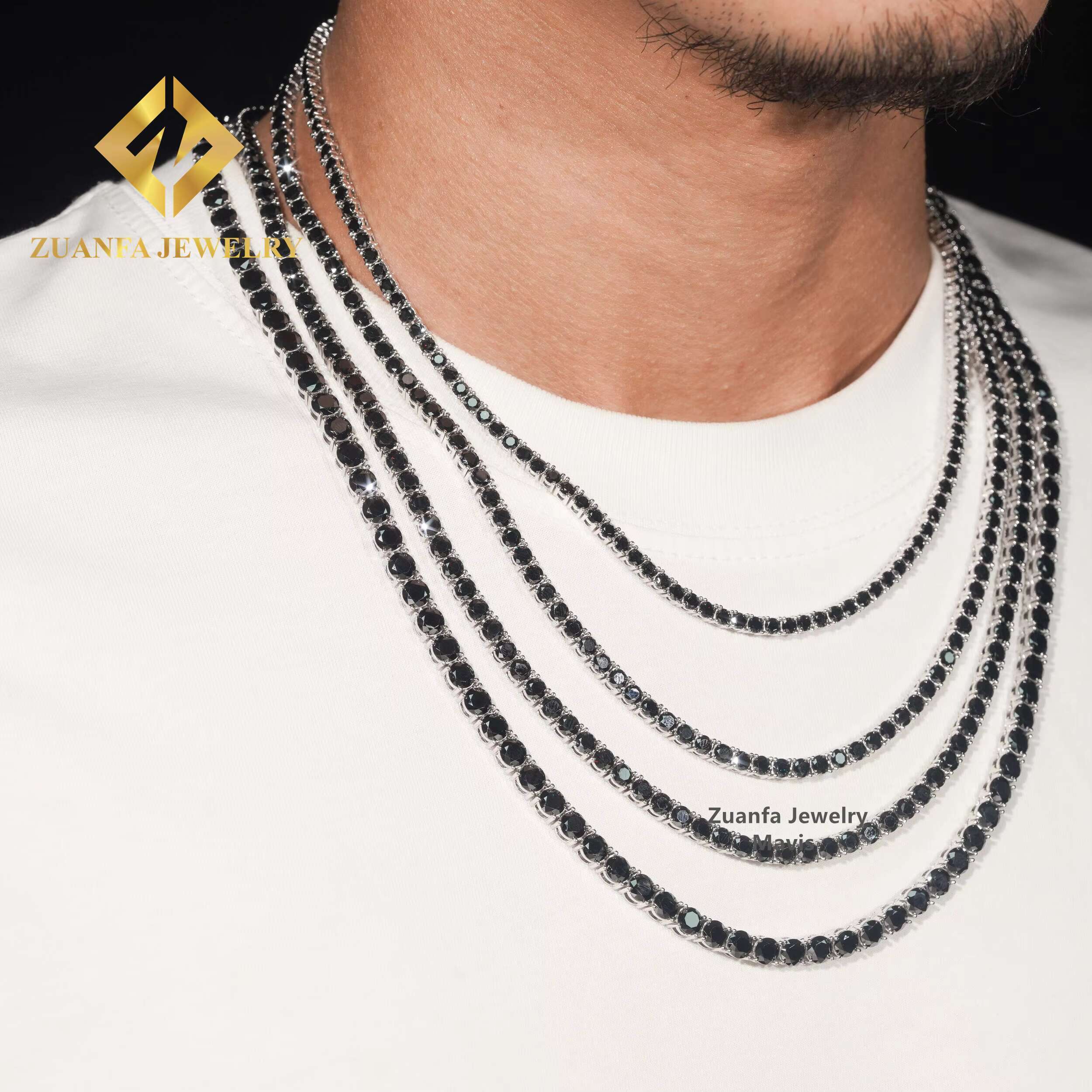 Worldwide Shipping Hip Hop Iced Out Tennis Necklace 925 Sterling Silver 3MM 3.5MM 4MM 5MM VVS Black Moissanite Tennis Chain