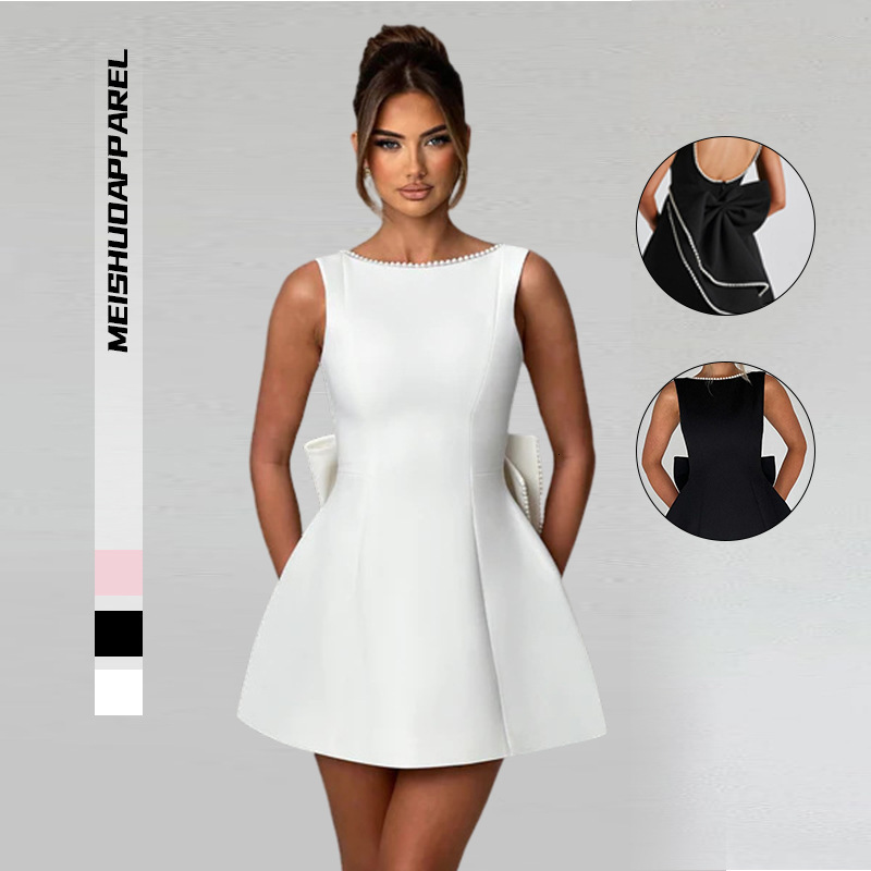 designer dress summer women's fashion pearl bowknot slim fit short backless hot girl aline dress dresses for woman
