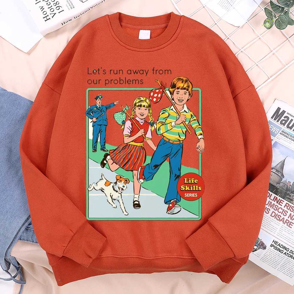LetS Run Away From Our Problems Comics Print Hoodie Men Women Clothes Fashion Comfortable Soft Hoody Japan Harajuku Sweatshirts W250530