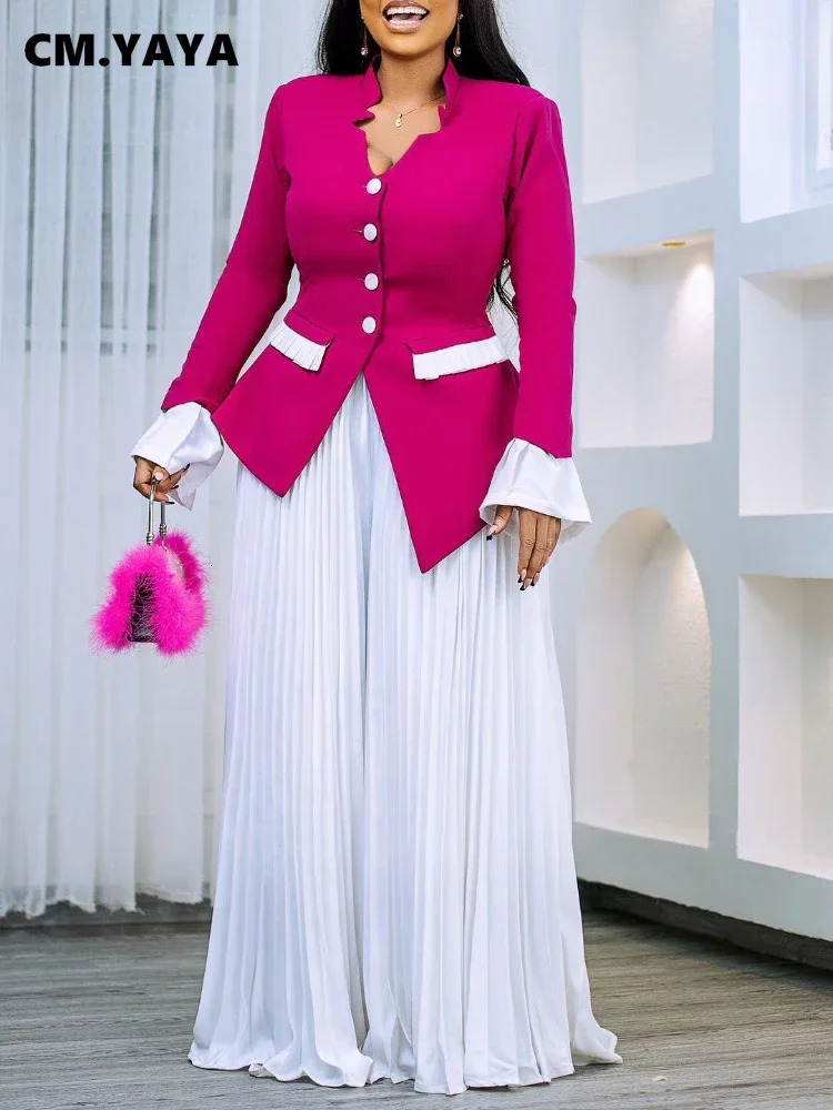 CMYAYA Womens Set Full Flare Sleeve Button Blazer Shirt Pleated Long Pants Suit Streetwear Two 2 Piece Africa OL Outfits 250530