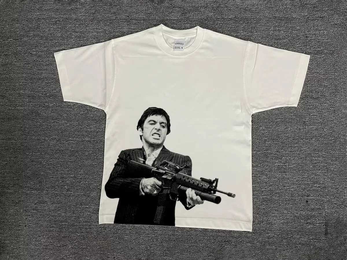 2025 Summer VINTAGE SCARFACE Print National Fashion Loose Small Neckline Heavy Short Sleeve T-shirt High Quty Luxury BrandC250530