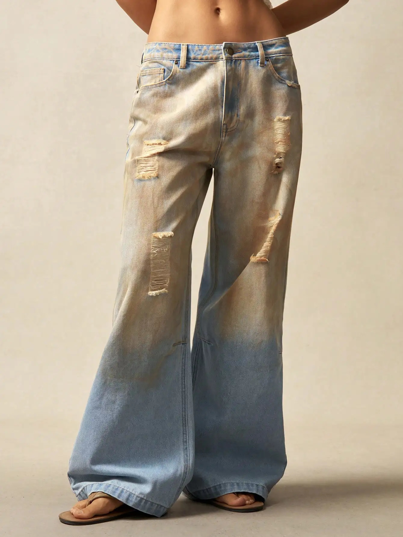 American style high end streetwear faded holey denim womens pants collection 250530