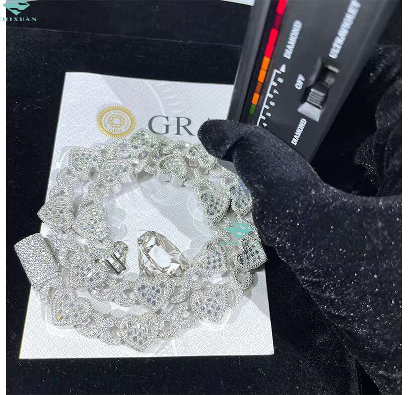 Fine Jewelry Heart Baguette 14mm Cuban Link Chain Full Iced Out Moissanite Diamond Bling Hip Hop Men 925 Silver Necklace