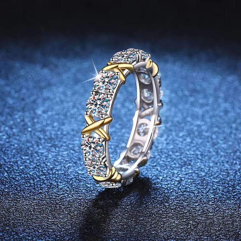 S925 Pure Silver Moissanite Ring Elegant Two-Tone Eternity Band Design Classic Cross Two-Color Row Proposal Weddings
