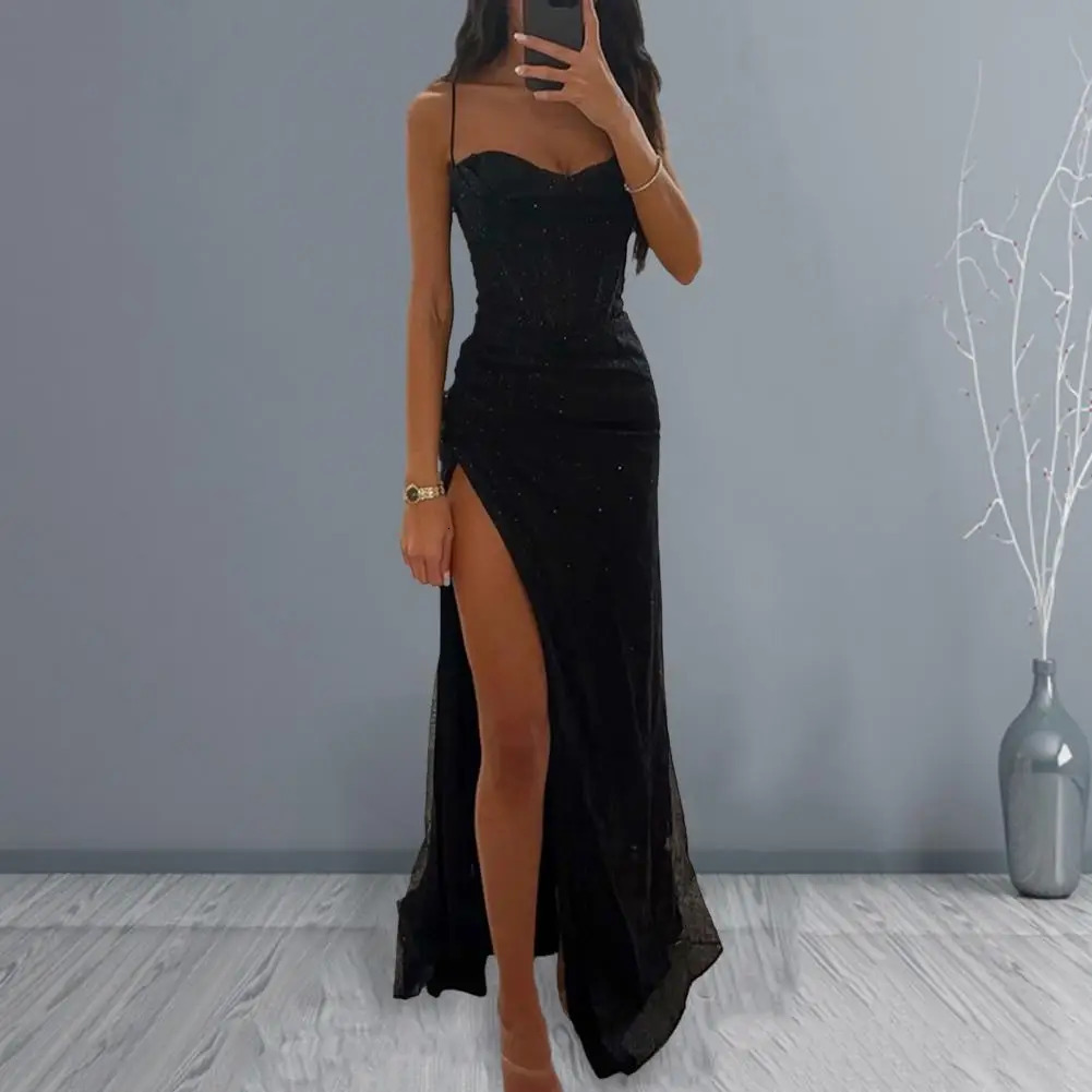 Women Evening Dress Spaghetti Strap Shiny Sequin Off Shoulder Sleeveless Low-cut High Split Loose Floor Length Women Prom Dress 250527