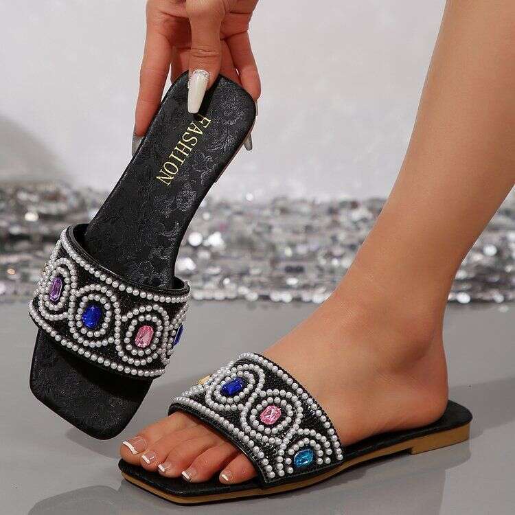 2025 Spring Colorful Square Diamond With Pearl Slippers Designer Sandals Women's Flat Bottom Outerwear Fashion Beach Shoes Free Shipping Wholesal