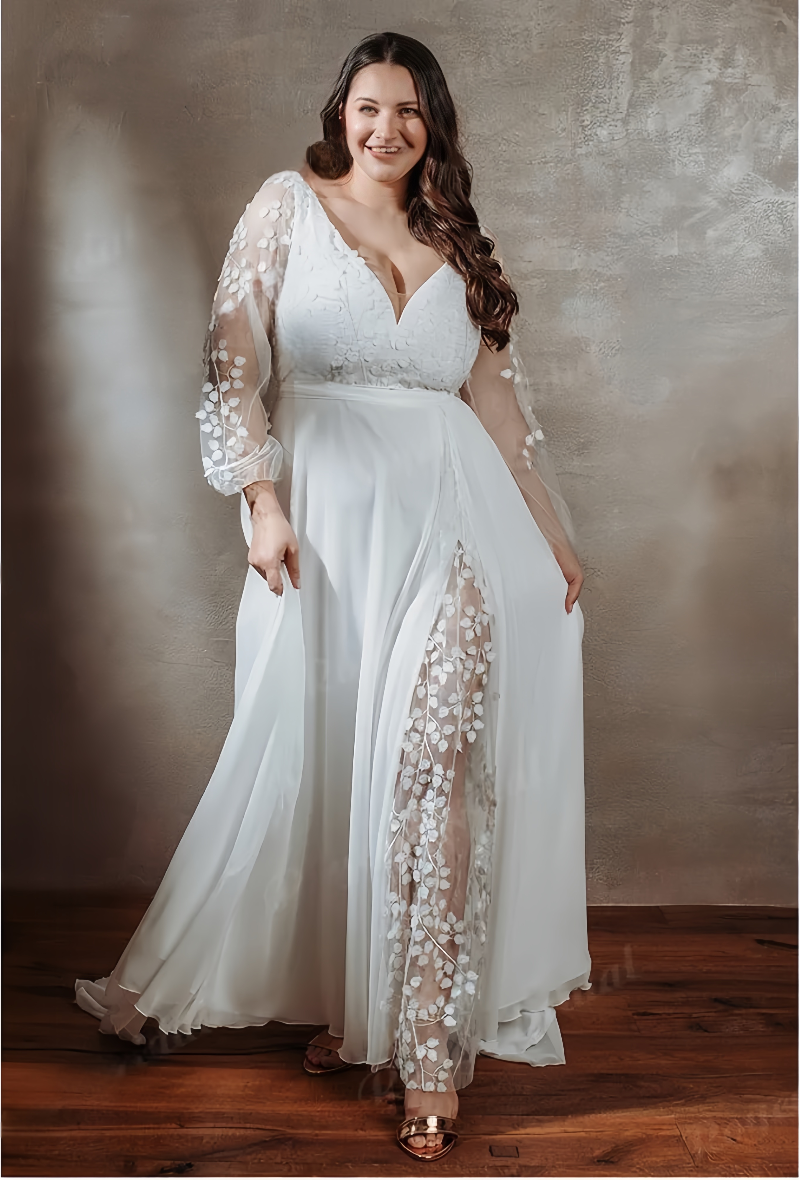 Bohemian Plus Size Wedding Dress for Women 2025 Long Sleeves V Neck Lace Appliques Bridal Gown Illusion Side Slit Lace Chiffon Beach Bride Dresses