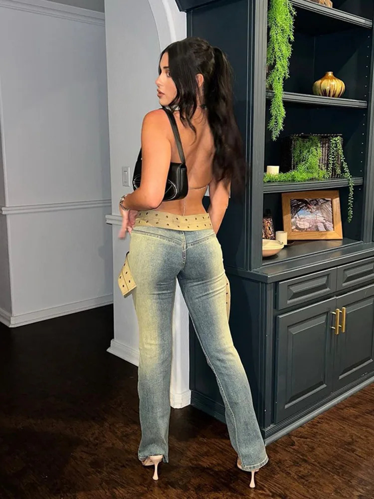 Vintage Women Distressed Flared Denim Pants Belts Straight Slim Jeans for Lady Fashion High Street Washed Dragging Chic 250530