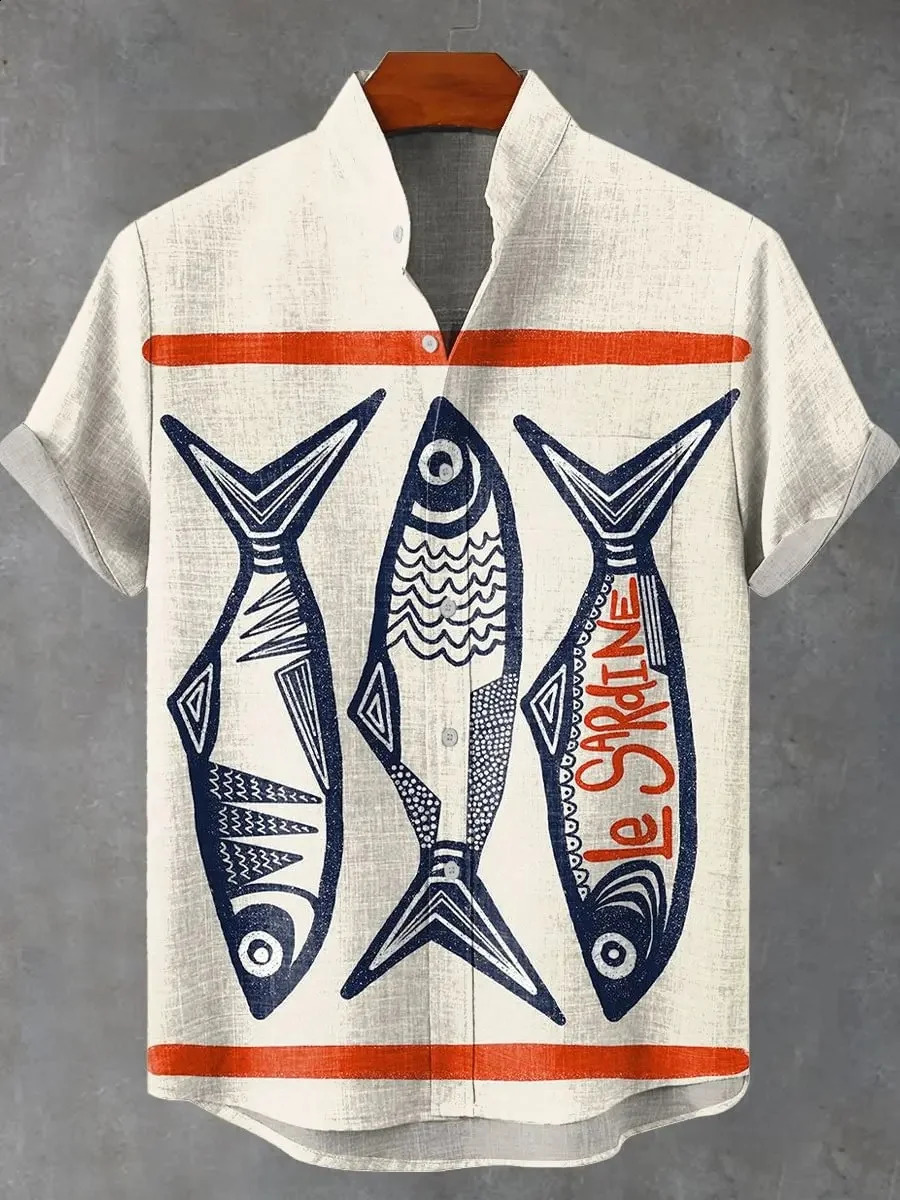 print retro style mens fish print casual linen comfortable fabric button-down short sleeve shirt 250529 - view 4