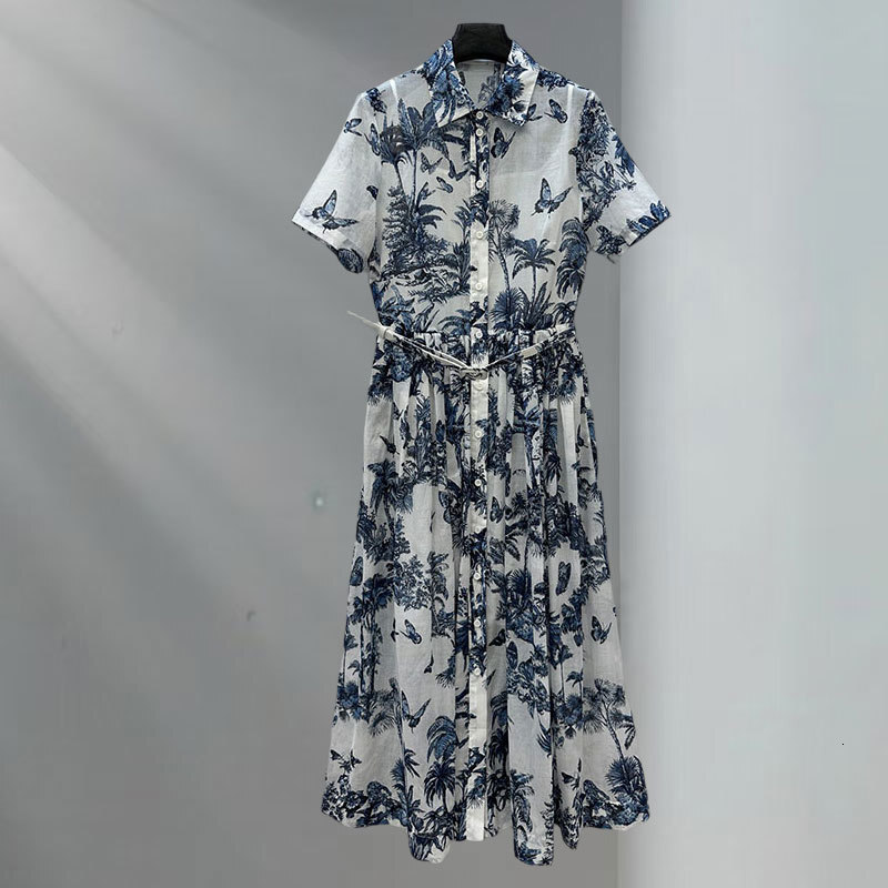 Summer Lady Shirt Collar Short Sleeve Dresses Vacation Style Luxury Single Breasted Waist Up Pure Cotton Gown Retro Classic Clothing