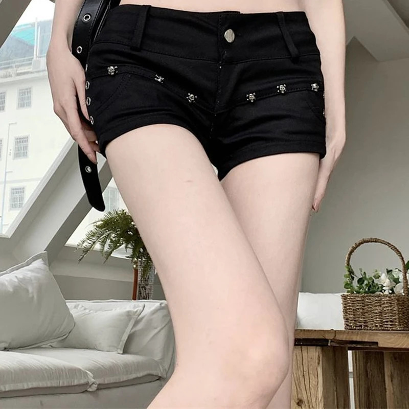 Summer Korean Denim Shorts Lady Ultra Low Rise Y2k Short Pants Female Black Rivet Hip Hop Wrap Hip Skinny Jeans 250527