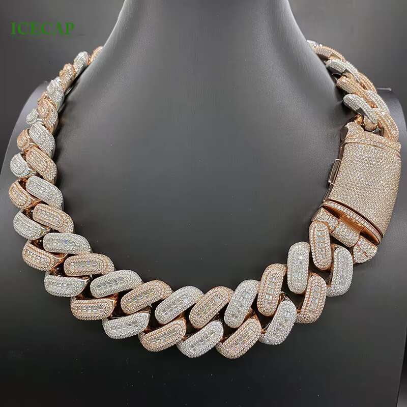 Iced Out Hiphop Men Sterling Silver 925 Jewellery VVS Moissanite Chain Baguette Diamonds Cuban Chain 26MM Two Tone Necklace