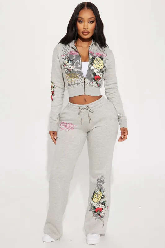ed hardey Tracksuits Womens Tracksuit Two 2 Piece Set Outfits Strapless Casual printed Pants Y2K straight trousers Street zipper hooded designer Tracksuits 050