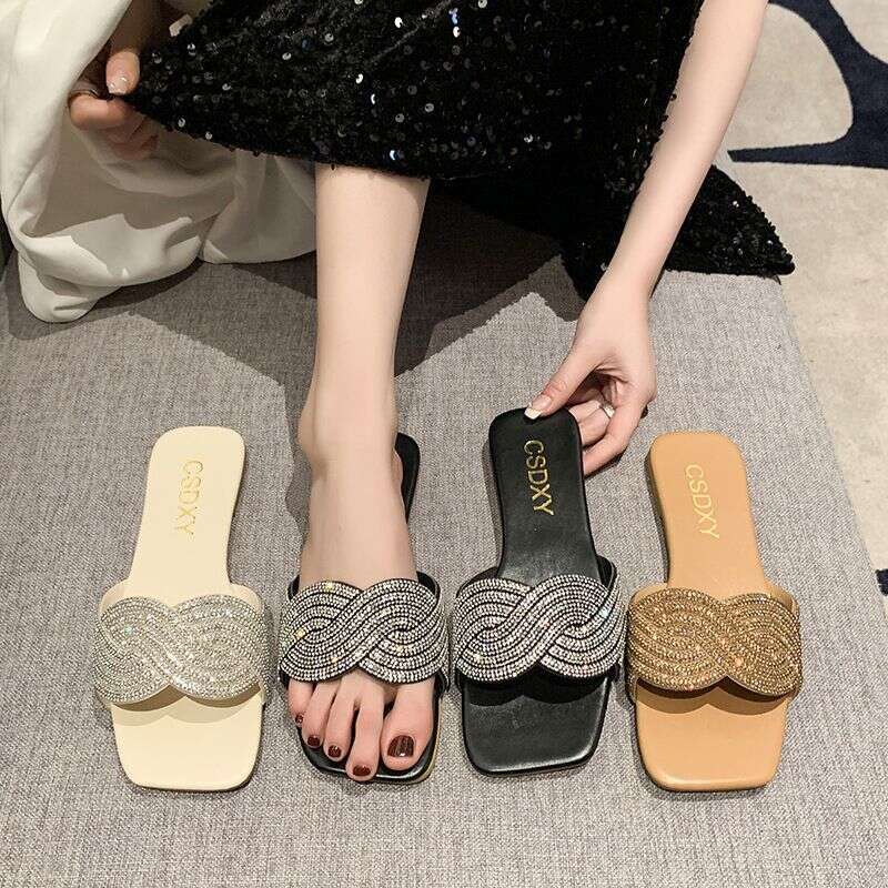 Fashionable Rhinestone Women's Shoes For Summer 2025, New Plus Size Sandals For Outdoor Wear, One Line Women's Slippers, Designer Sandals