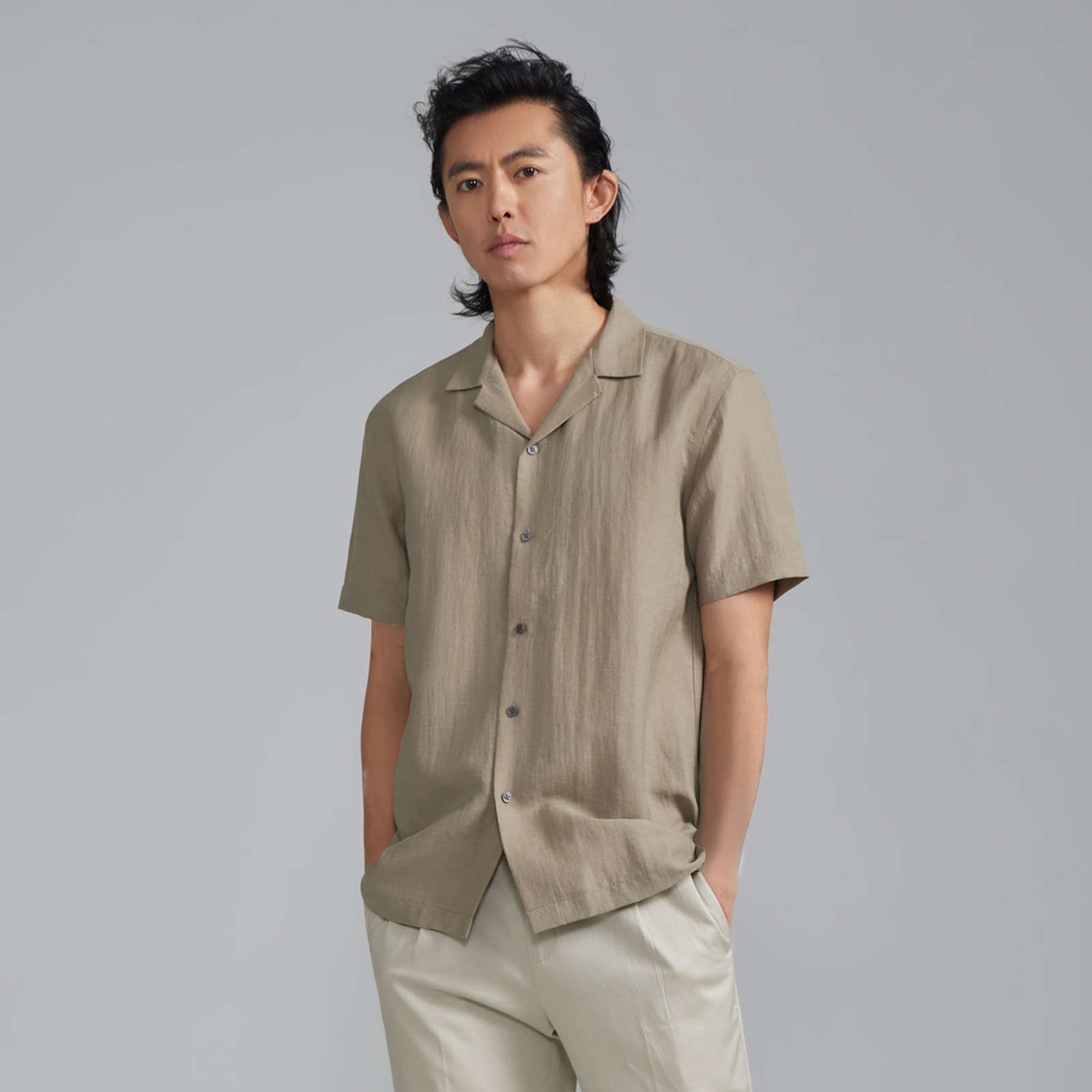 BXS/Men's Business Casual Lyocell and Linen Short-Sleeve Leisure t shirt/Business-to-Leisure Lyocell Trousers t shirt/Men's slim-fit short-s