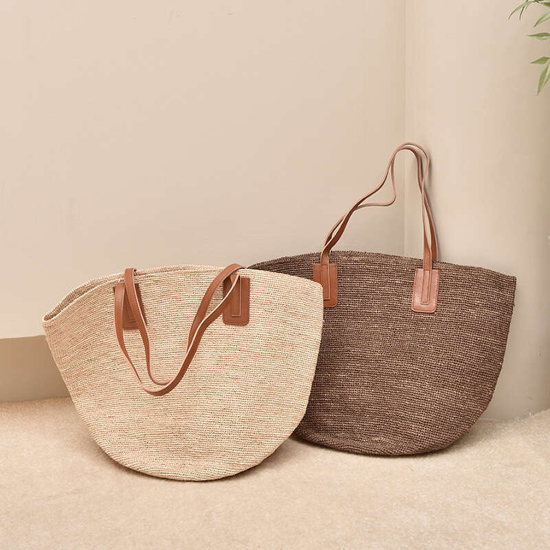 Tote Bag Leather Bag Spring Summer Holiday Straw Woven First Layer Cowhide Strap Beach Large Capacity Tote Single Shoulder Casual Women S Bag Shoulder