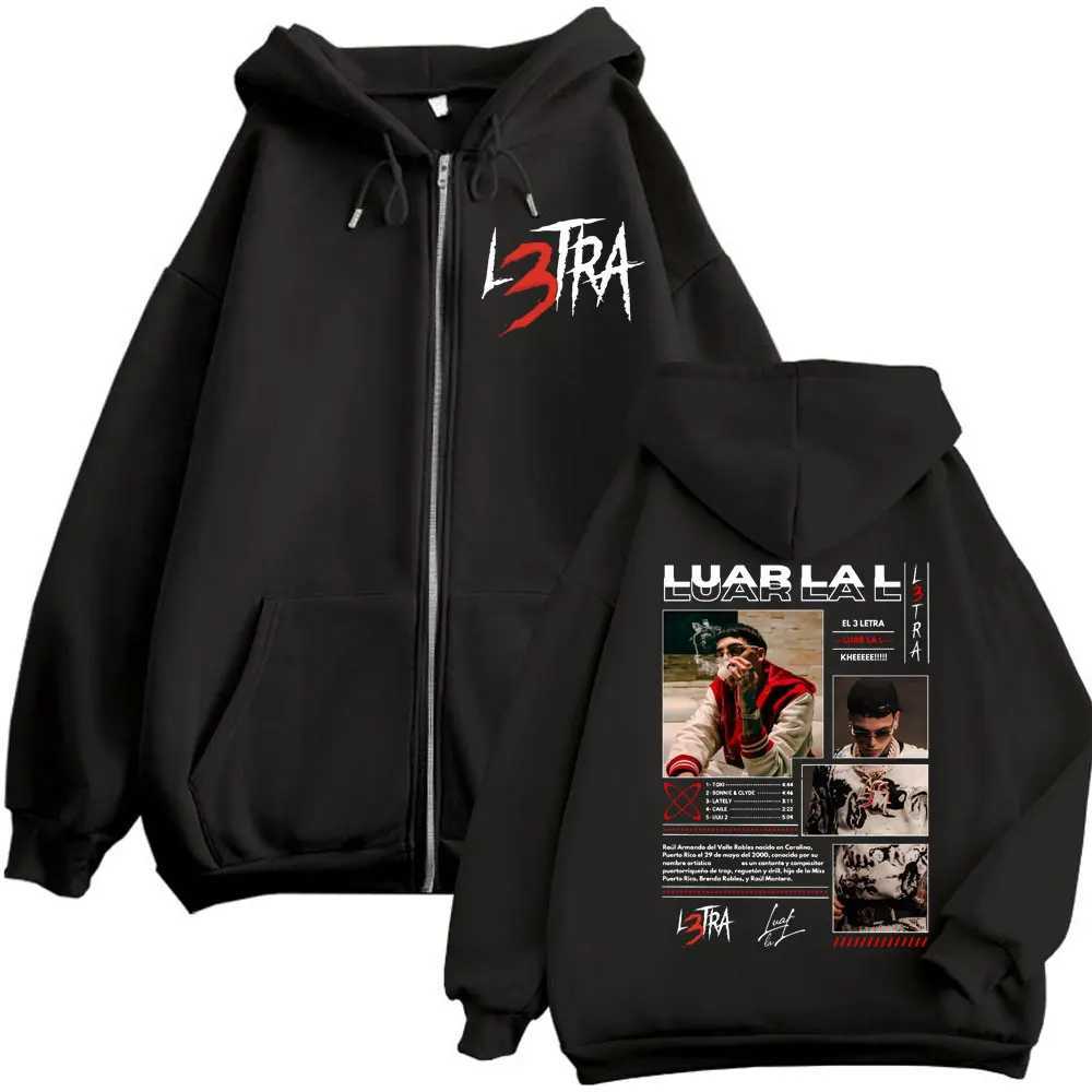 Rapper Luar La L L3TRA Album Print Zipper Hoodie Mens Womens Fashion Hip Hop Zip Up Sweatshirts High Quality Fleece Pullovers W250530