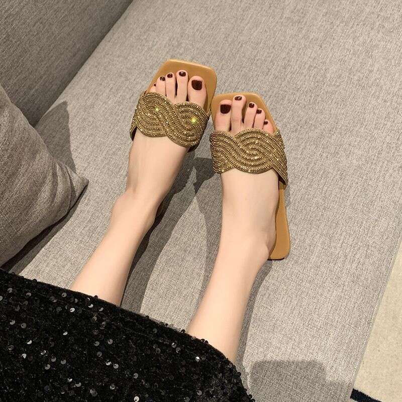 Fashionable Rhinestone Women's Shoes For Summer 2025, New Plus Size Sandals For Outdoor Wear, One Line Women's Slippers, Designer Sandals