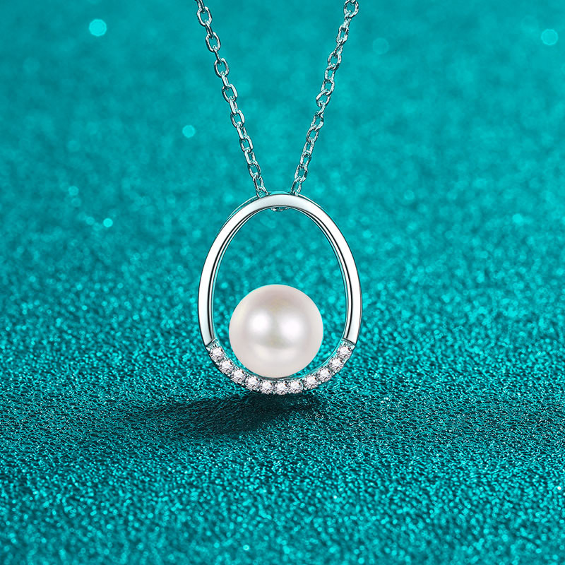 925 Sterling Silver Moissanite Oval Pearl Pendant Necklace Elegant Minimalist Daily Wear Collarbone Chain