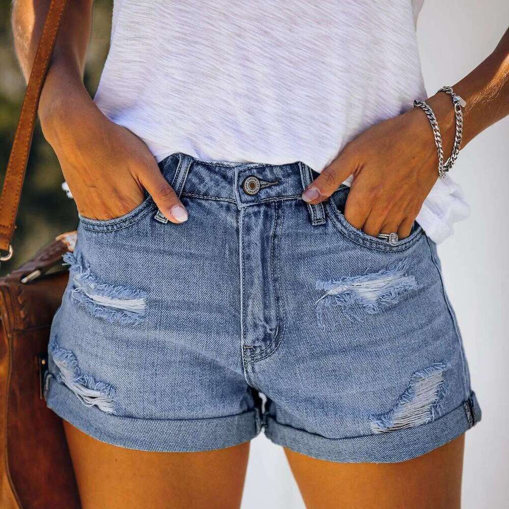 Shorts Women Denim Shorts American Style Women S Elastic Mid Waist Denim Shorts With Rips Jean Shorts