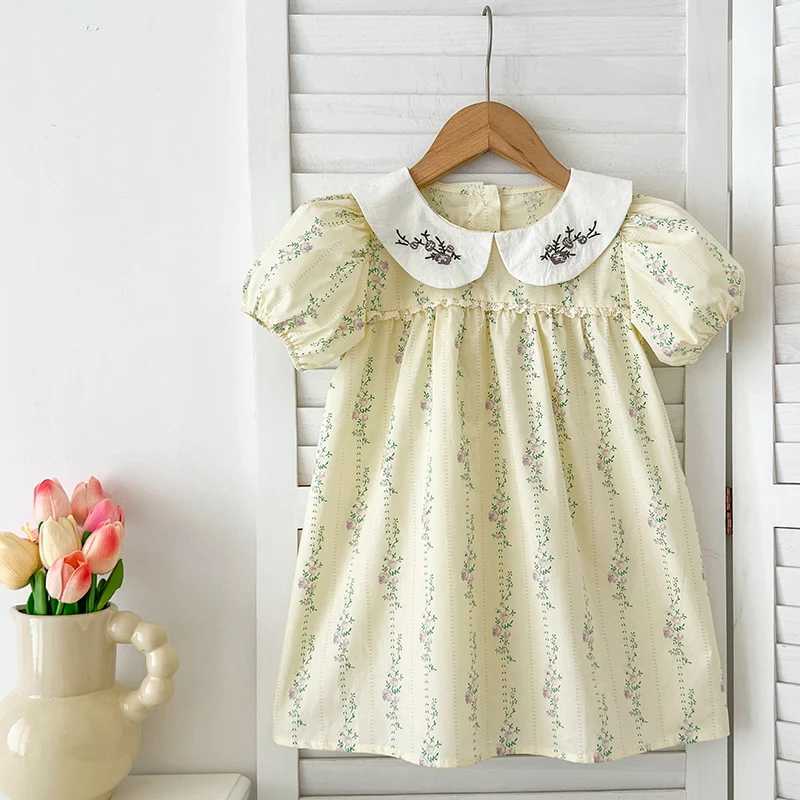 New Girls Clothes 1-6Yrs Baby Girls Dresses Floral Purple Puff Sleeve Dress Summer Dresses Embroidered Collar Boutique Clothes R250530