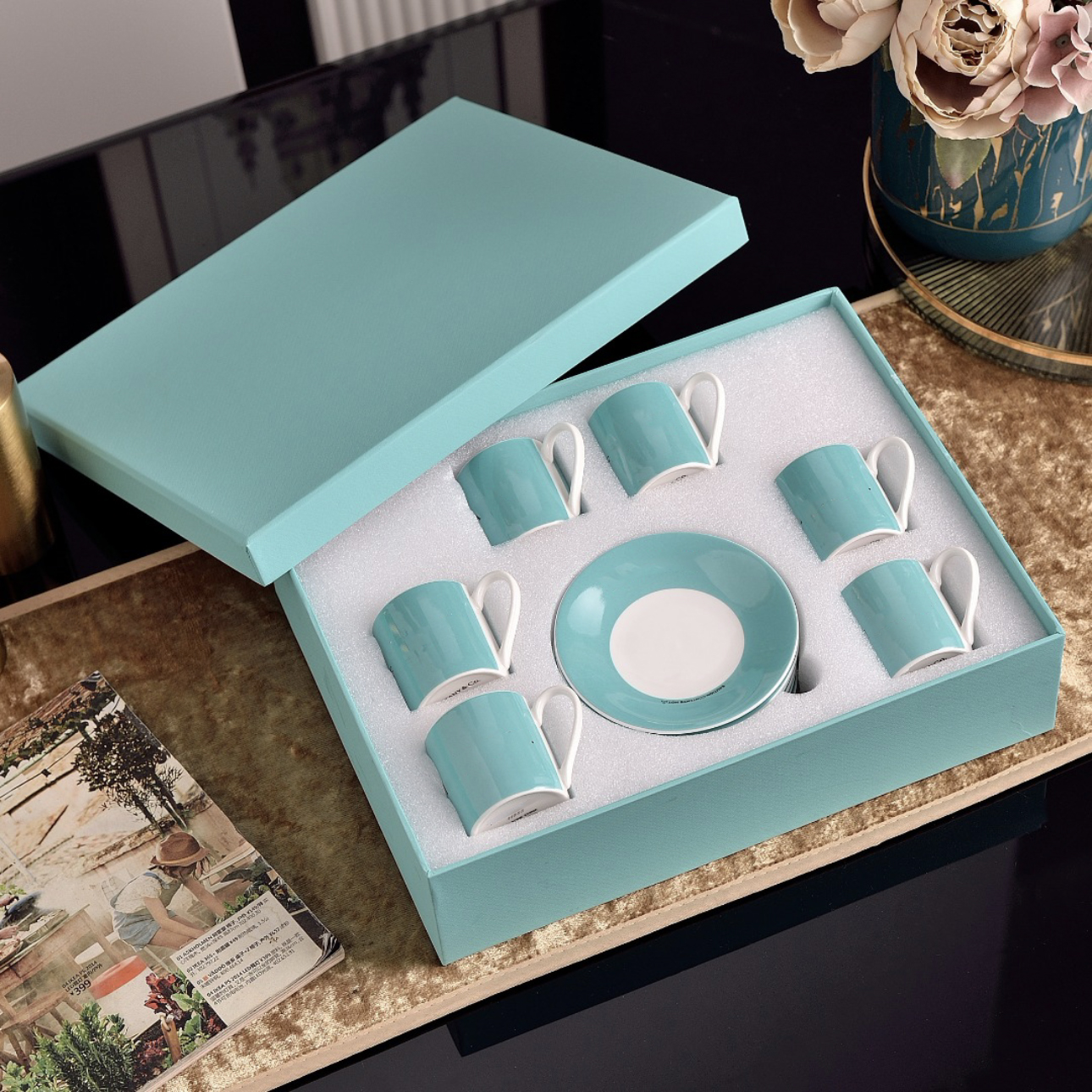 Royal Bone China Espresso Platform Set - 6-Piece Porcelain Cups with 24K Gold Trim & Velvet Gift Box, Made in Europe