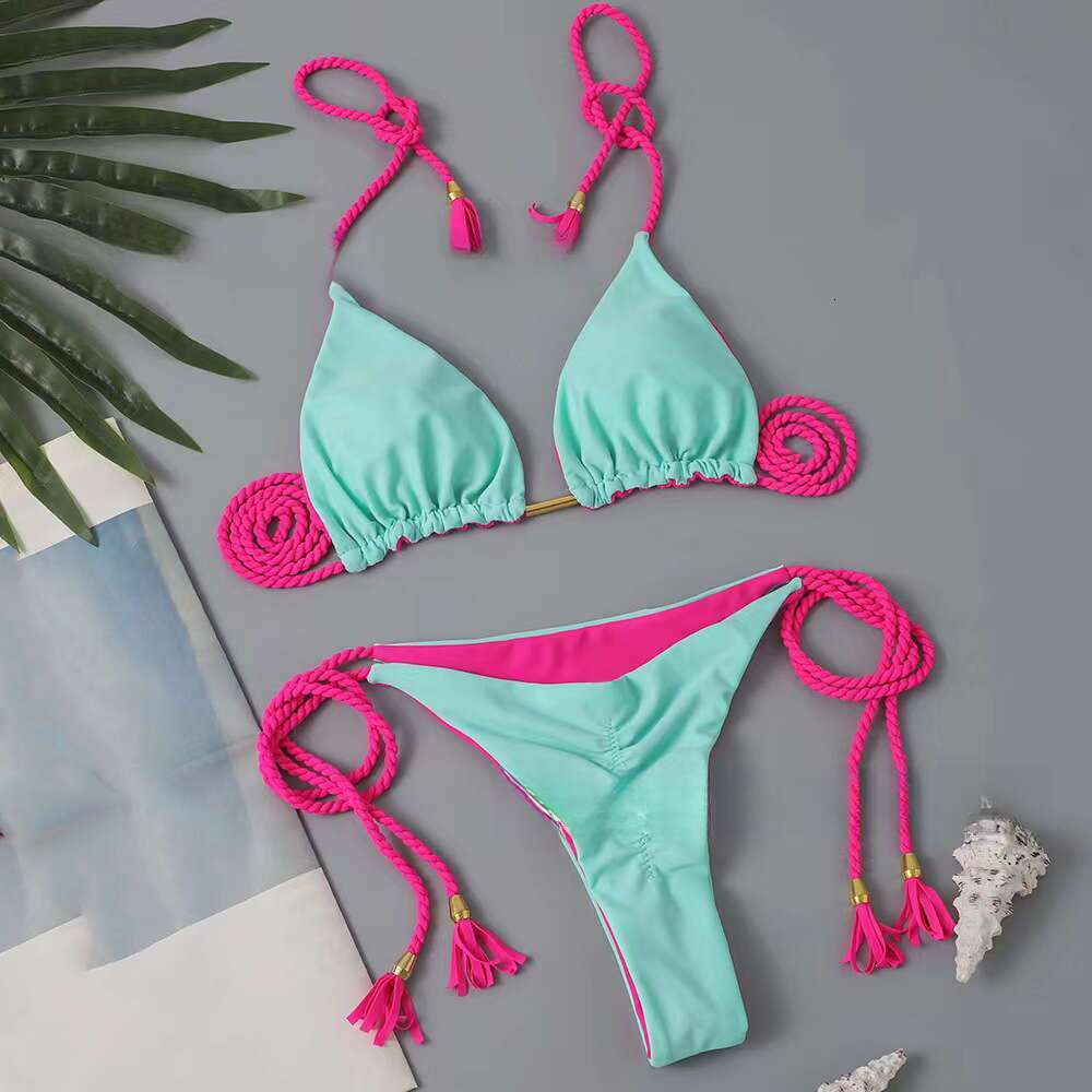 2025 New Sexy Contrast Colored Woven High Waist Split Women's Swimsuit Bikini Underwears Woman Sexy Maillot De Bain Designer Swim New Arrival New