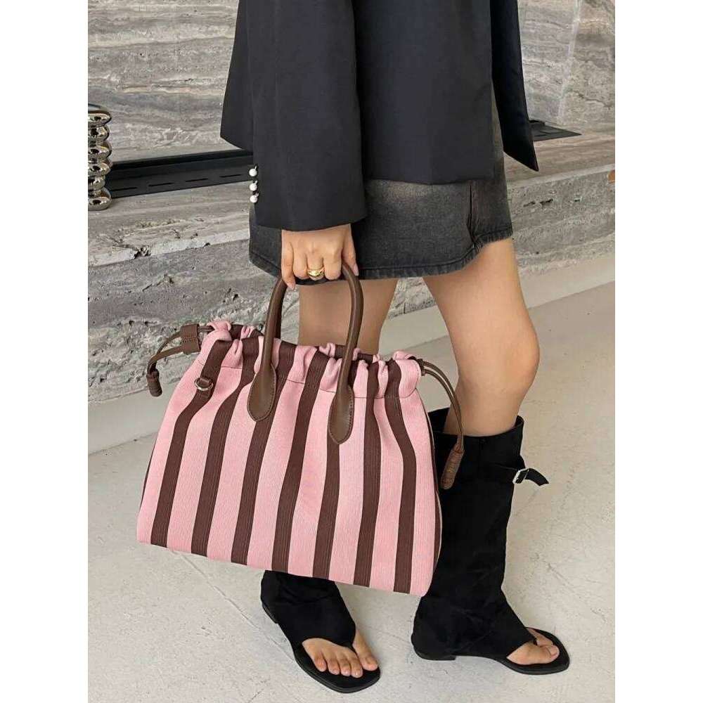Summer Women Mixed Colors Striped Canvas Large Capacity Totes Handbag Wide Strap Crossbody Bag Casual Shopping Shoulder Bags