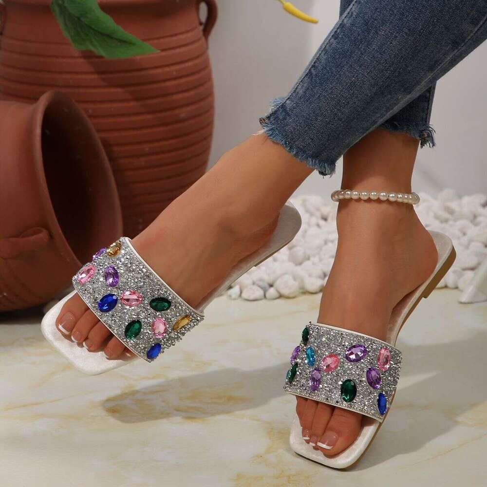 Designer Sandals, Large Flat Slippers, Women's Casual Outerwear, Round Head, One Word Water Diamond, One Step Stepping Lazy Slippers, Free Shippi