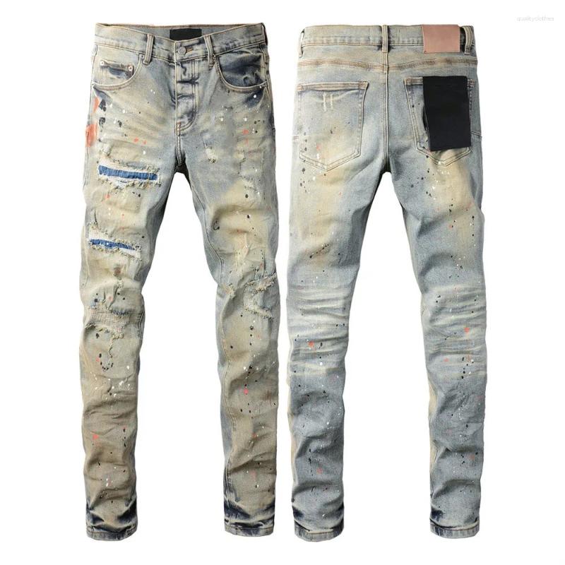 Men's Jeans Purples Men Fashion Americans High Street Retro Wash Distressed Graffiti Ripped Hole Patch Stretch Skinny JeansBrand