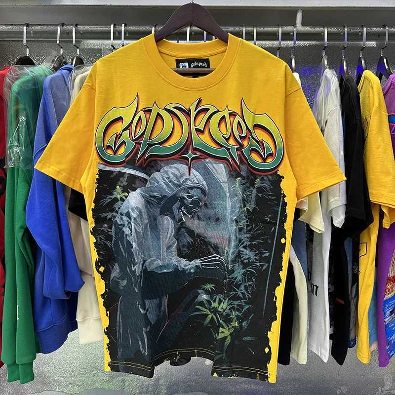 Skull Godspeed T Shirts Short Sleeve Oversize Men Woman O-Neck High Street Blk Yellow Top Tee Hip Hop Fashion J250529