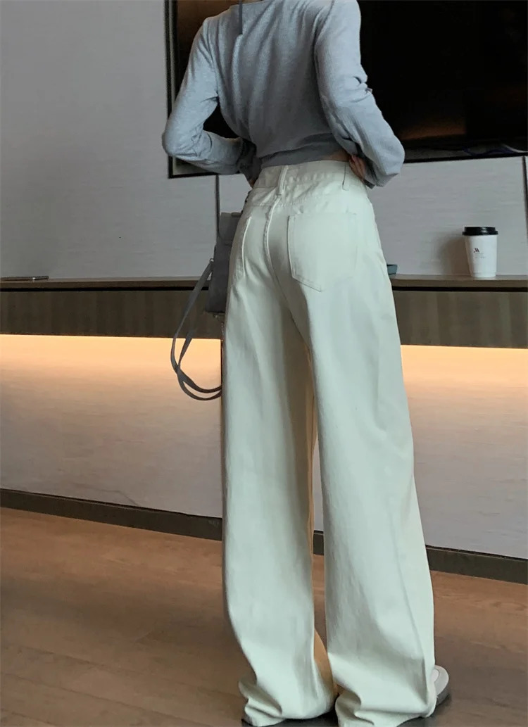 Y2K Summer Womens Jeans Cream Wide Leg Denim Pants | High Waist Baggy Straight FloorDragging Trousers 250530