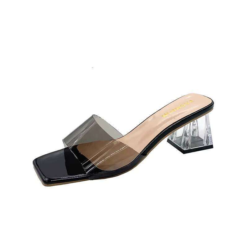 Womens Summer New Style Chunky High Heel Square Open Toe Sandals Transparent Crystal Slippers for Outdoor Wear
