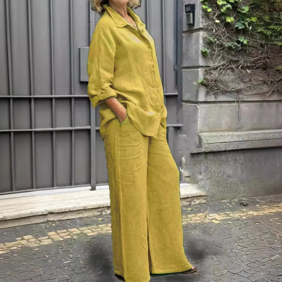 Women Linen Casual Shirt 2 Pieces Set Fashion Lapel Long Sleeve Button Blouse And Trousers Outfits Loose Wide Leg Pants Suits 250529