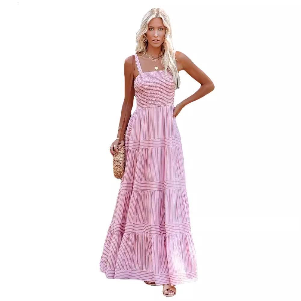 women's wear 2024 Summer Women's New Vacation Style Strap Tie Print Long Dress Super Hot