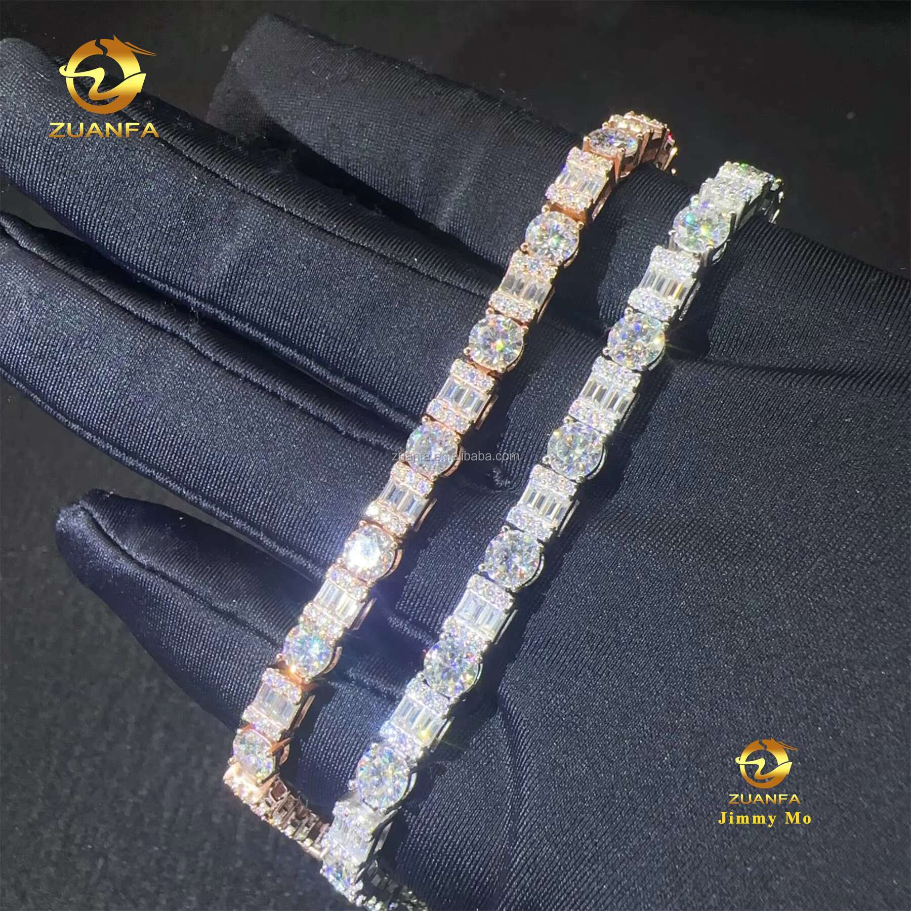 2025 New Arrivals Fashion 925 Sterling Silver Iced Out Hip Hop Jewelry Baguette+Round VVS Moissanite Cluster Tennis Bracelet