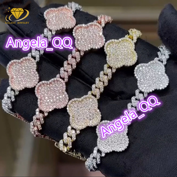 New Arrival Moissanite Chain Silver 925 Hip Hop Lucky Four Leaf Clover Moissanite Miami Cuban Link Chain Bracelet Necklace