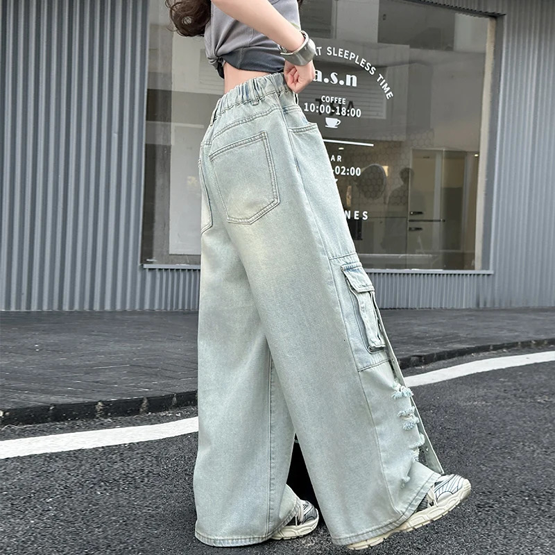 Kids Child High Fashion Street Style Distressed Ripped Cargo Jeans With Front Pocket for Tweens Girl Broken Hole Denim Pants 250527