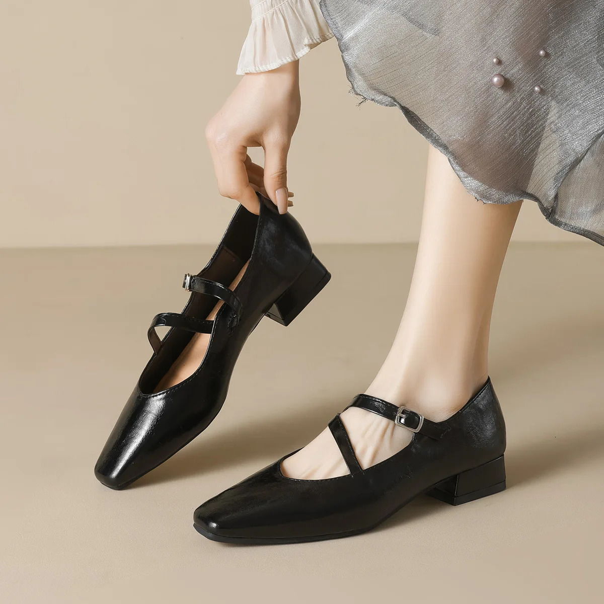 spring womens outerwear shoes Square toe Mary Jane shoes Ladies casual high heels Work Large sizes 41-43 250528